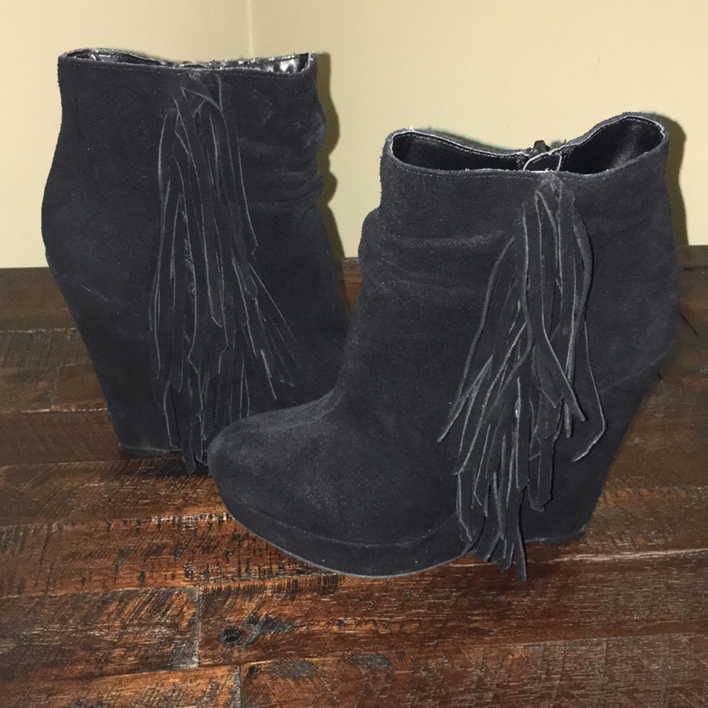 Express Black Fringe Wedge Booties